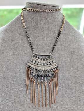 Vintage Large Tribal Beaded Abstract Tri Color Chain Statement Pendant Necklace
